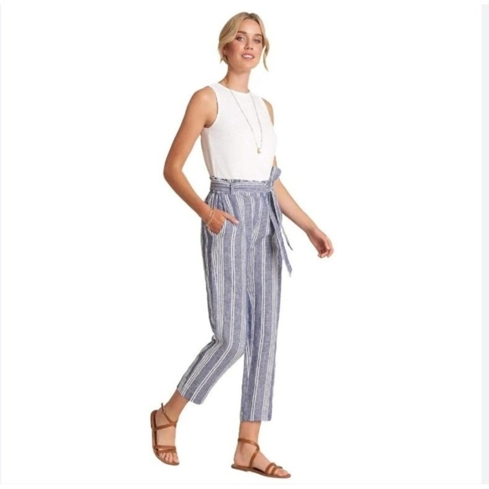 Hatley Blue summer Paper Linen Pants Beach Stripes Wide Leg Travel Belted XL